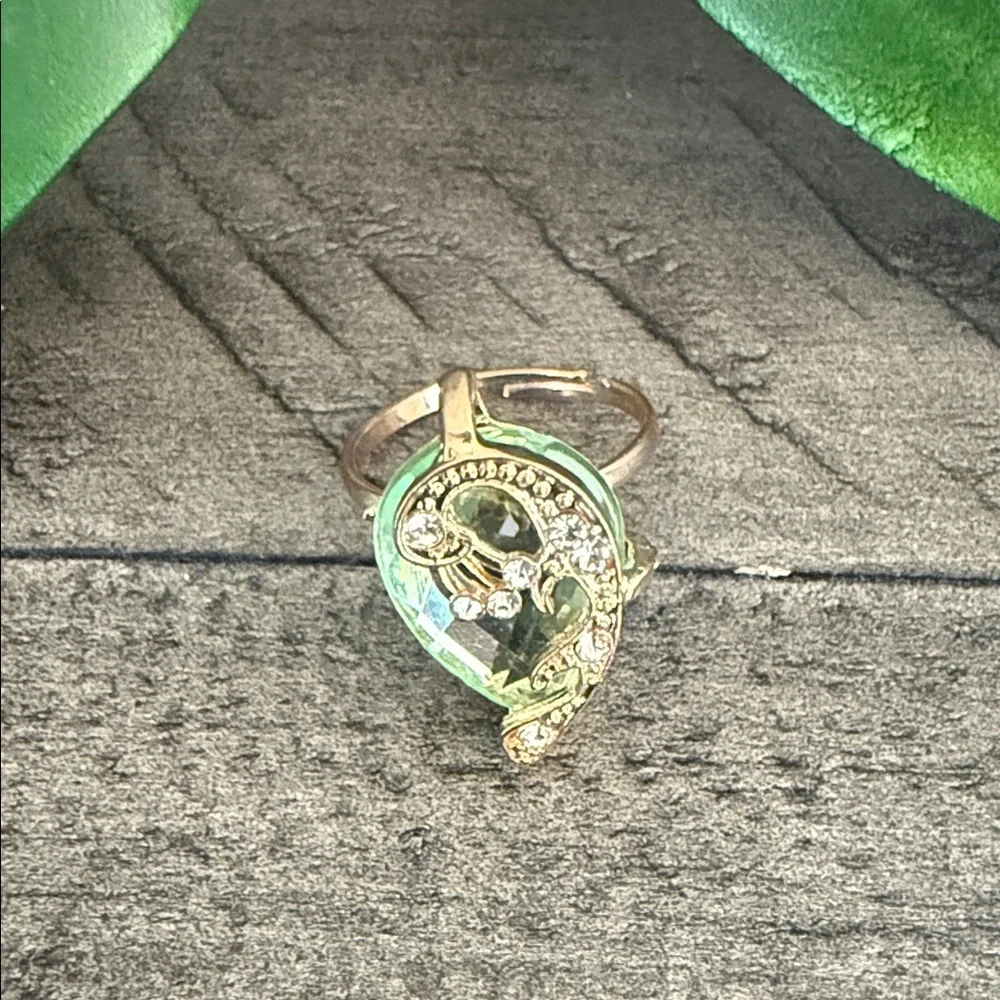 Elegant Gold Plated with Stimulated Green Peridot and Crystals Women's Ring